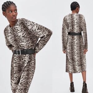 ZARA Animal Print Knit Round Neck Long Sleeve Midi Dress